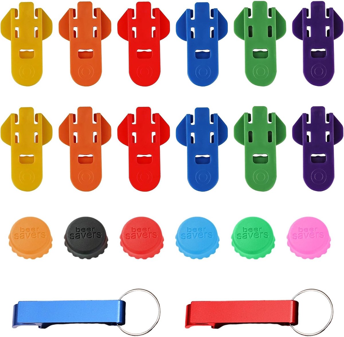 Set van 20 keukenhulpen - 12 latte-openers in 6 kleuren - 2 sleutelhangerflesopeners - 6 bierkurken - ShopVlot