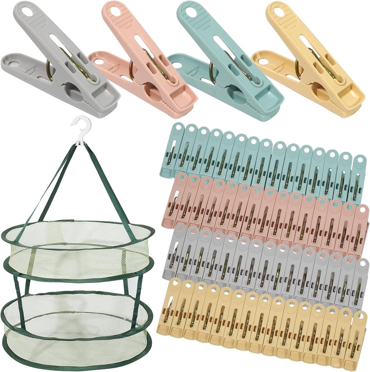 Kledingknijpers 60 stuks - Sterke grip - Kunststof clips met opvouwbare windproof droogmand - Ideaal voor thuis en tuin - ShopVlot
