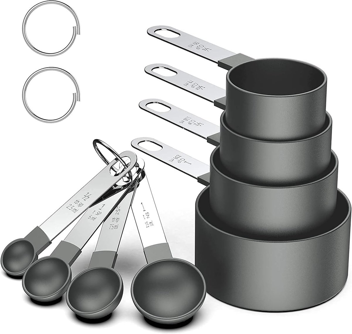 Maatbekers en lepels set 8 stuks - stapelbare zwarte maatlepels - voor droge en vloeibare ingrediënten - ShopVlot