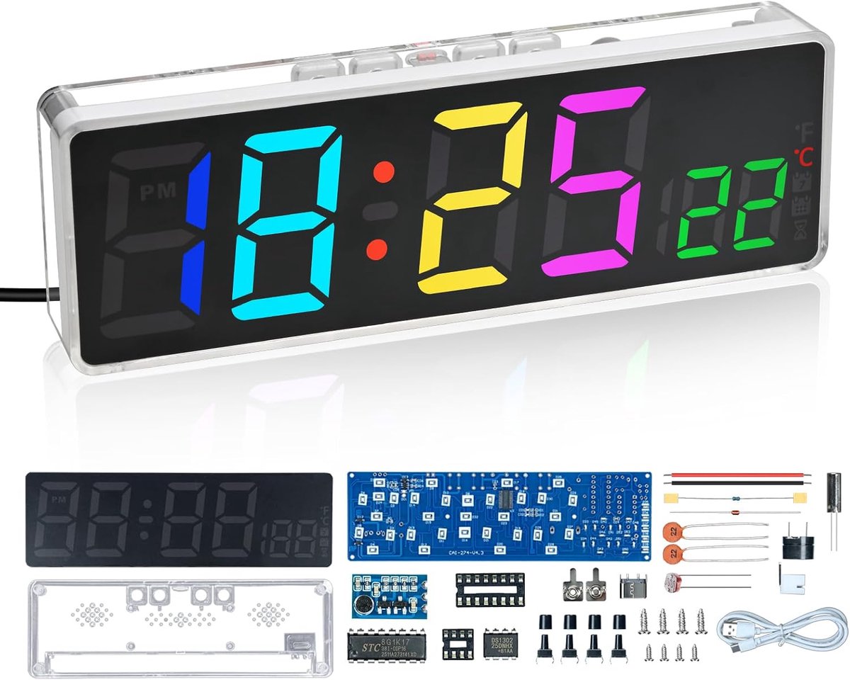 Doe-het-zelf digitale led-klok - bouwpakket met geluidsbediening - RGB-kleurverandering - ideaal voor STEM-projecten - ShopVlot
