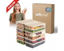 Soft Chef Fresh Box 12-delig 1200 ml – Stapelbare Diepvries & Meal Prep Bakjes met Beige Deksel – BPA-vrij, Magnetron & Vaatwasserbestendig