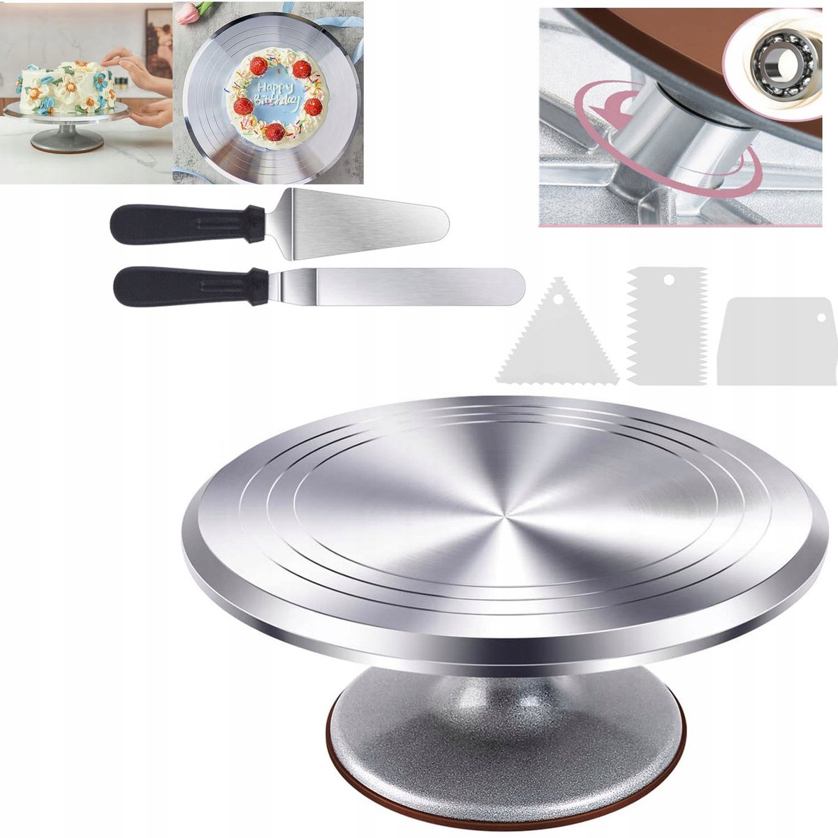 Merkloos Draaibare Taartplateau 30cm met Spatels - Aluminium