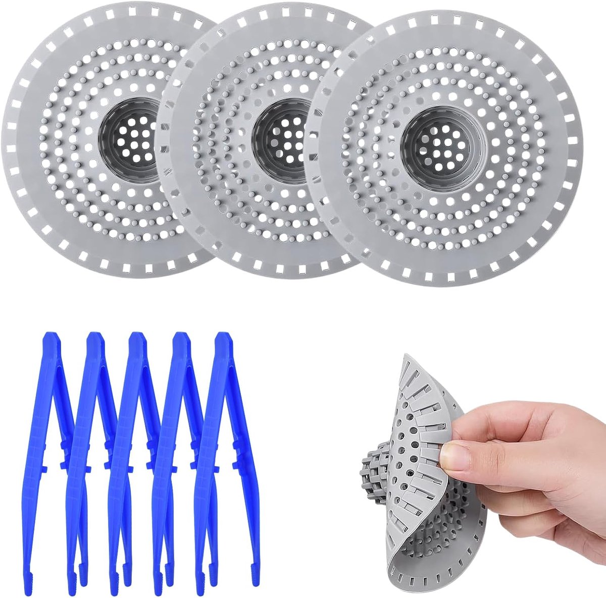 Afvoerbescherming - Siliconen afvoerfilters - Set van 3 - Inclusief 5 pincetten voor eenvoudig gebruik - ShopVlot