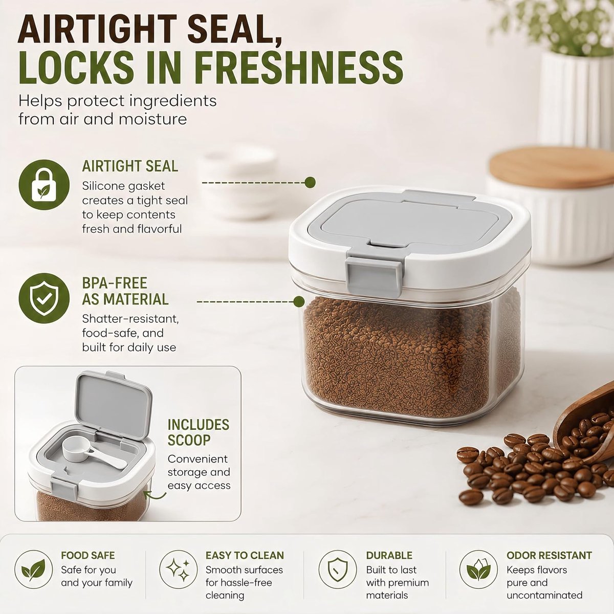 KZQ Luchtdichte opslagpot met lepel 800 ml - Transparant BPA-vrij AS-materiaal - Perfect voor koffiebonen meel thee en suiker - Voorraadpot voor keuken en voorraadkast - Bruin