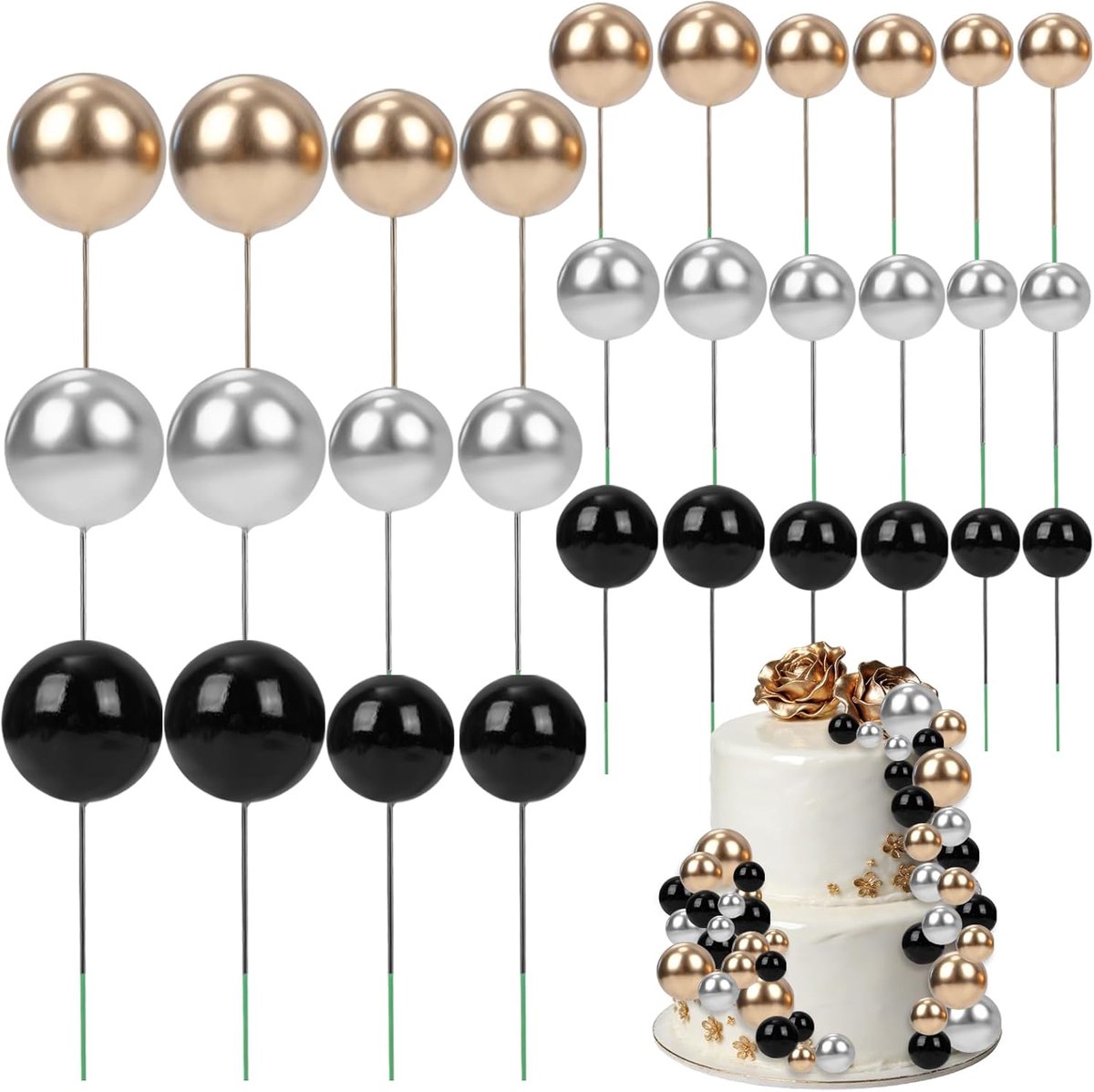 Cake Decoratie Ballen 30 Stuks - Zilver/Goud/Zwart - Diverse Maten - Perfect voor Taartdecoratie - ShopVlot