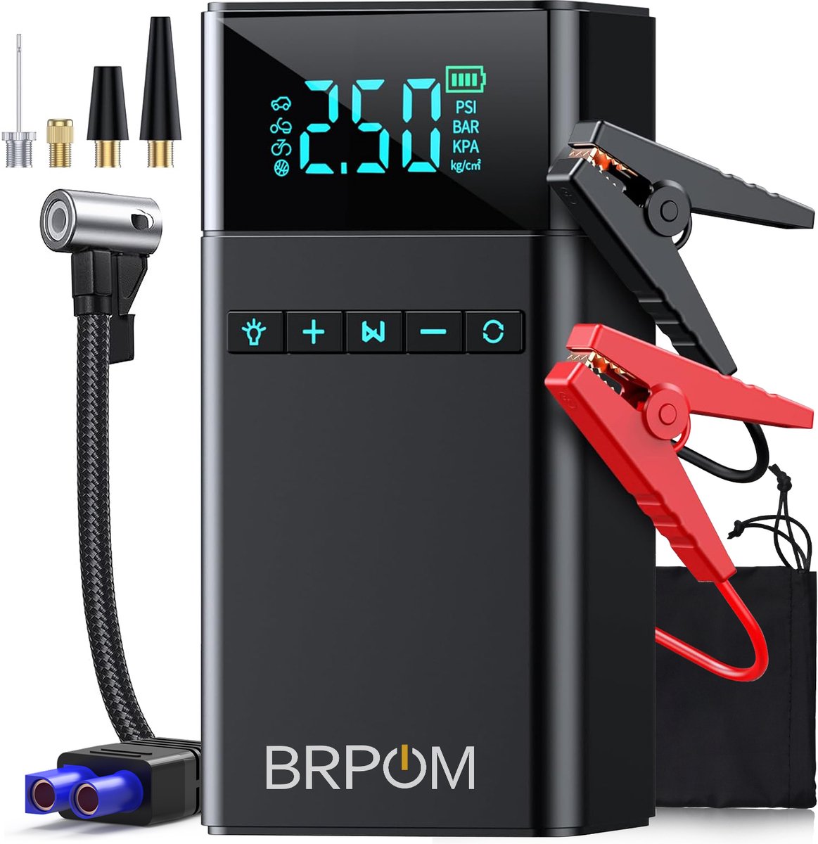 BRPOM 12V Jumpstarter voor Auto & Motor met Compressor - 8500A / 26800 mAh - 4-in-1 Starthulp met Luchtcompressor- Powerbank- LED Zaklamp en SOS Noodlicht - Bandenpomp