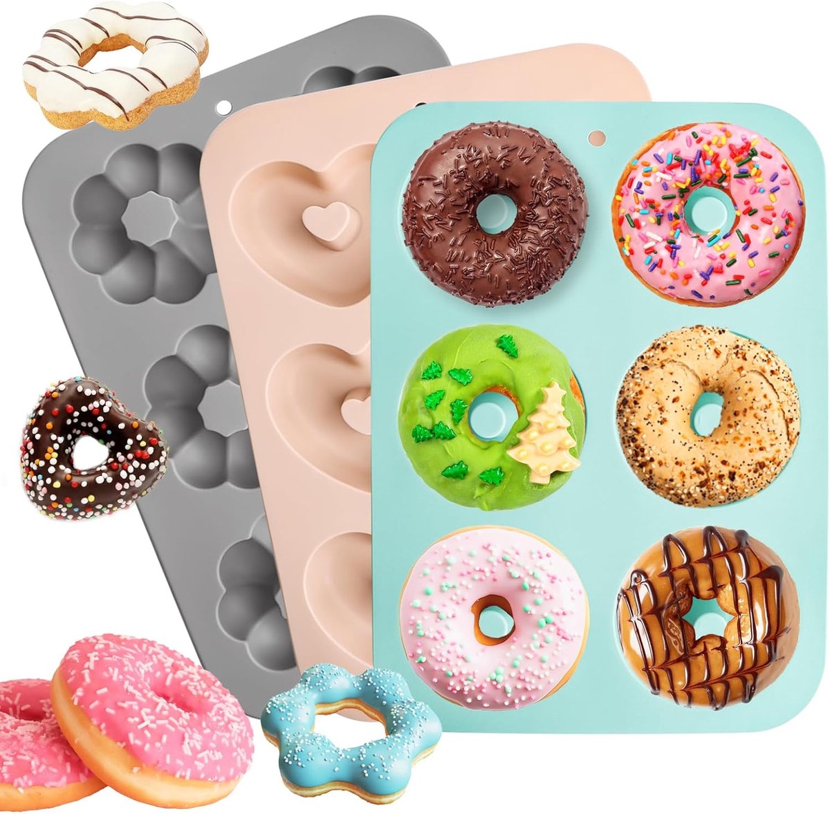 Donut bakvorm 3 stuks - siliconen met 6 holtes - hart, rond en bloemvorm - ideaal voor heerlijke donuts - ShopVlot
