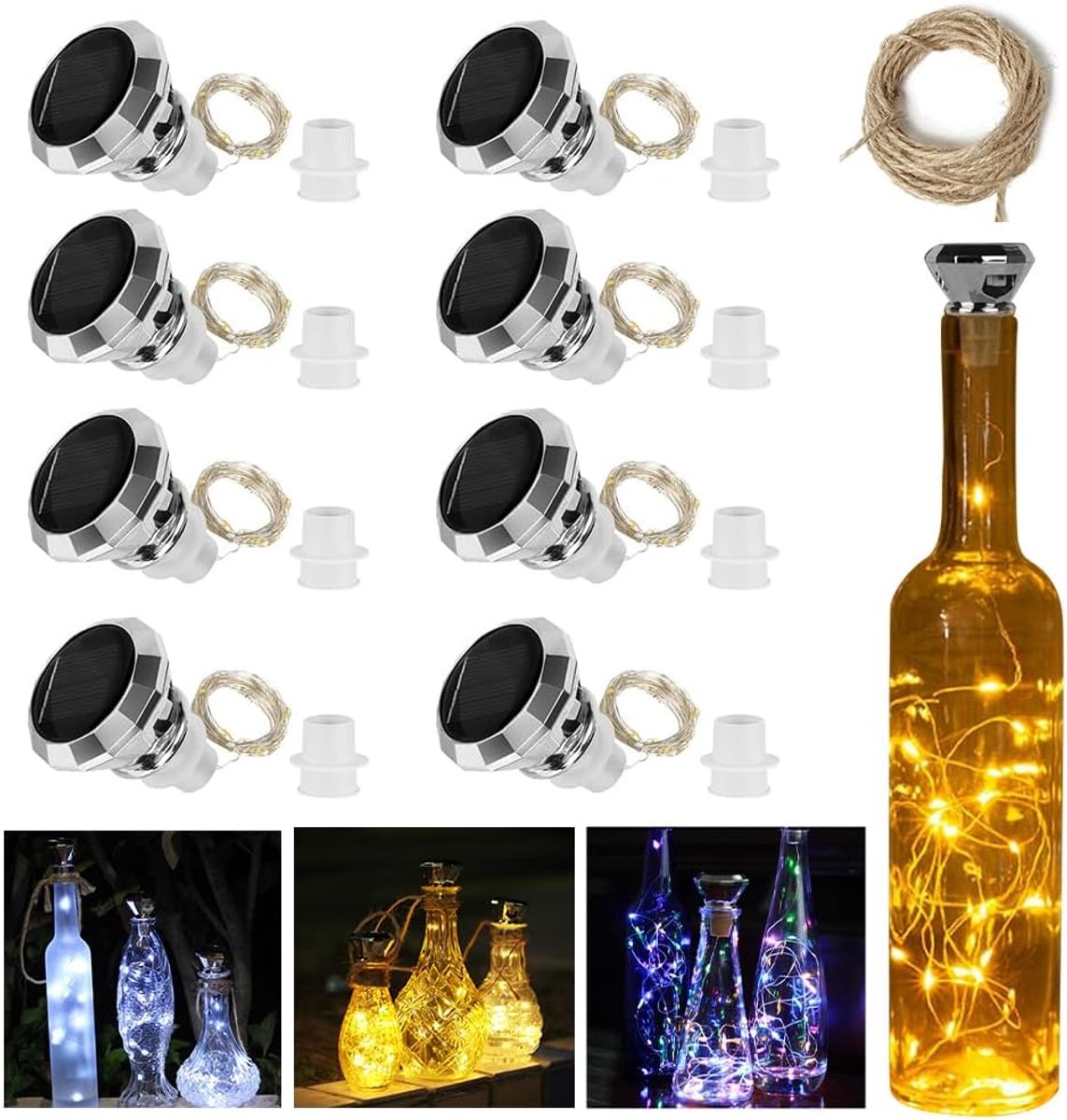 Flessen verlichting met kurk - 8 stuks solar buitenflessen - 20 LED's - ideaal voor tuinversiering - ShopVlot