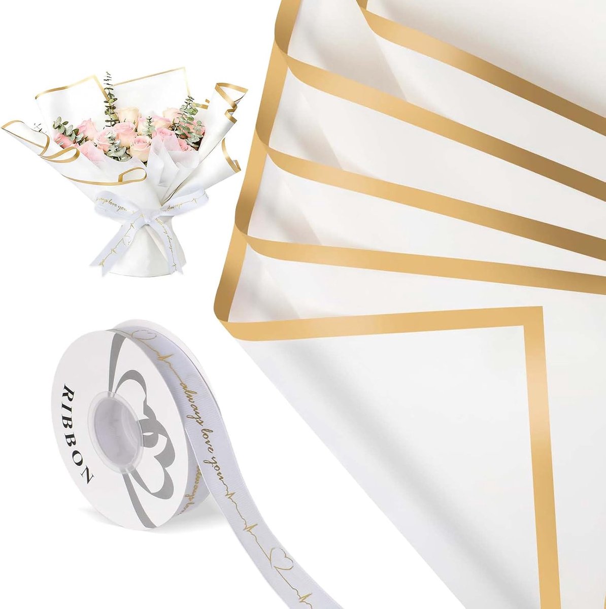 Bloemenboeket inpakpapier 40 vellen - roze-wit bloemenpapier met gouden rand - waterdicht en scheurbestendig - SnelShoppen