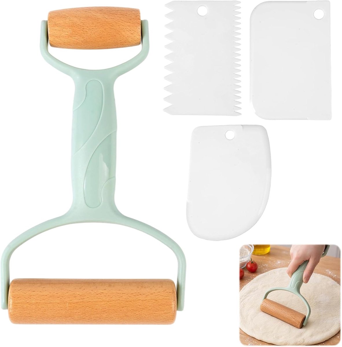 Deegroller dubbelkop hout - kleine en middelgrote deegroller - met 2 rollen en 3 deegschrapers - ideaal voor gebak - SnelShoppen