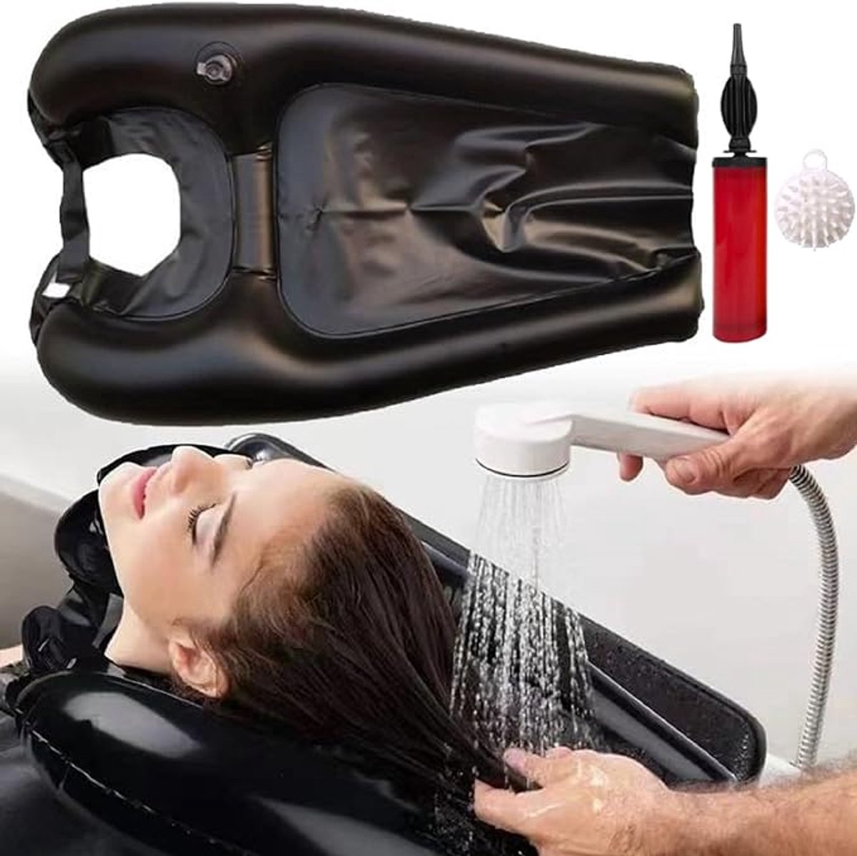 Opblaasbare Haarwasbak - Draagbare Opblaasbare Shampoobak - Opvouwbare shampoobak - Shampoobak - Shampoobenodigdheden - Met pomp en massagekam - Geschikt voor patiënten, mensen met een beperking, ouderen en zwangere vrouwen - Zwart