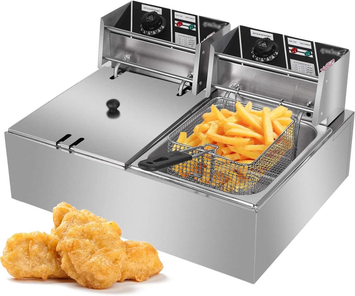 Elektrische Dubbele Friteuse - Frietpan Professioneel - Thuis Frituren - Dubbele Roestvrijstalen Kuip - 12L - Zilverkleurig