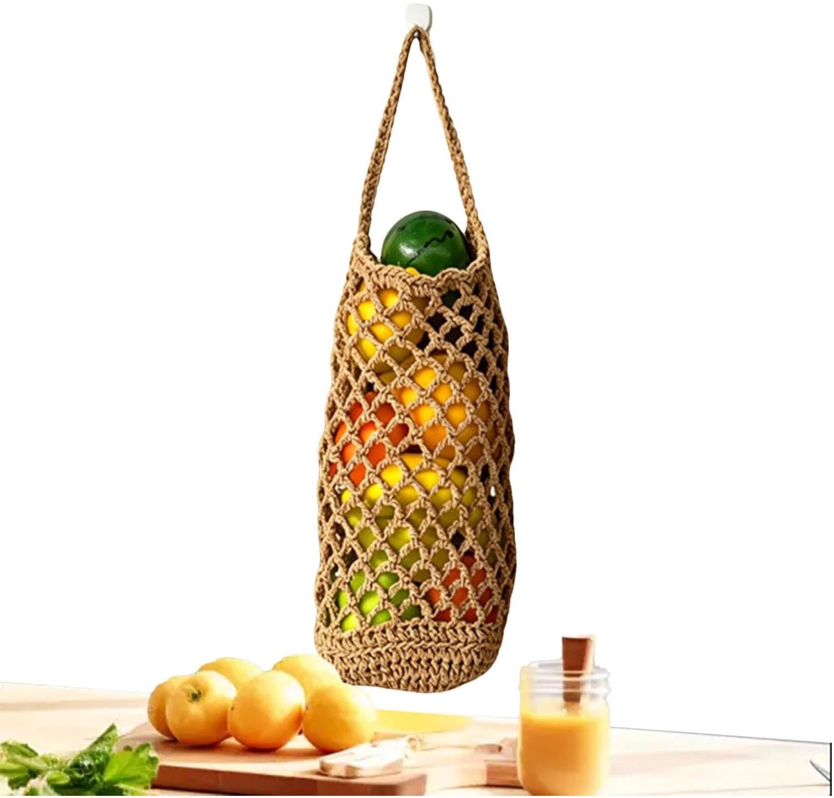 Netzak voor fruit – Handgeweven hangende netzak – Fruitmand – Groentemand – Opbergmand voor de keuken – Bewaarmand voor aardappelen en knoflook – Groot – Geschikt voor uitstapjes en gebruik in de keuken – Linnenkleur