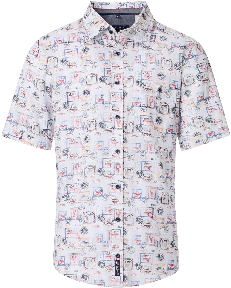 CASA MODA Sport casual fit overhemd - korte mouw - chambray - blauw - wit en beige dessin