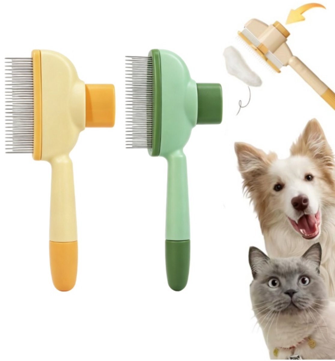 casalora 2er Set Haustierbürste – Fellpflegekamm für Hunde und Katzen – Entfernt lose Haare und Verfilzungen – Massagebürste mit Selbstreinigungsfunktion – Groen + Geel