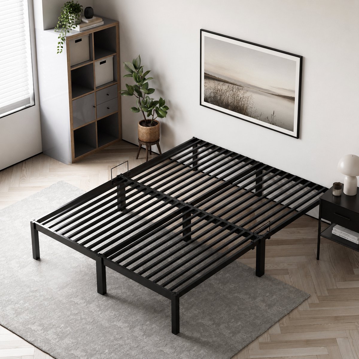 HOMAVO Metalen Bed 140x200x30 cm - Stalen Bedframe - Anti Slip - Opbergruimte - Schroefloze Montage
