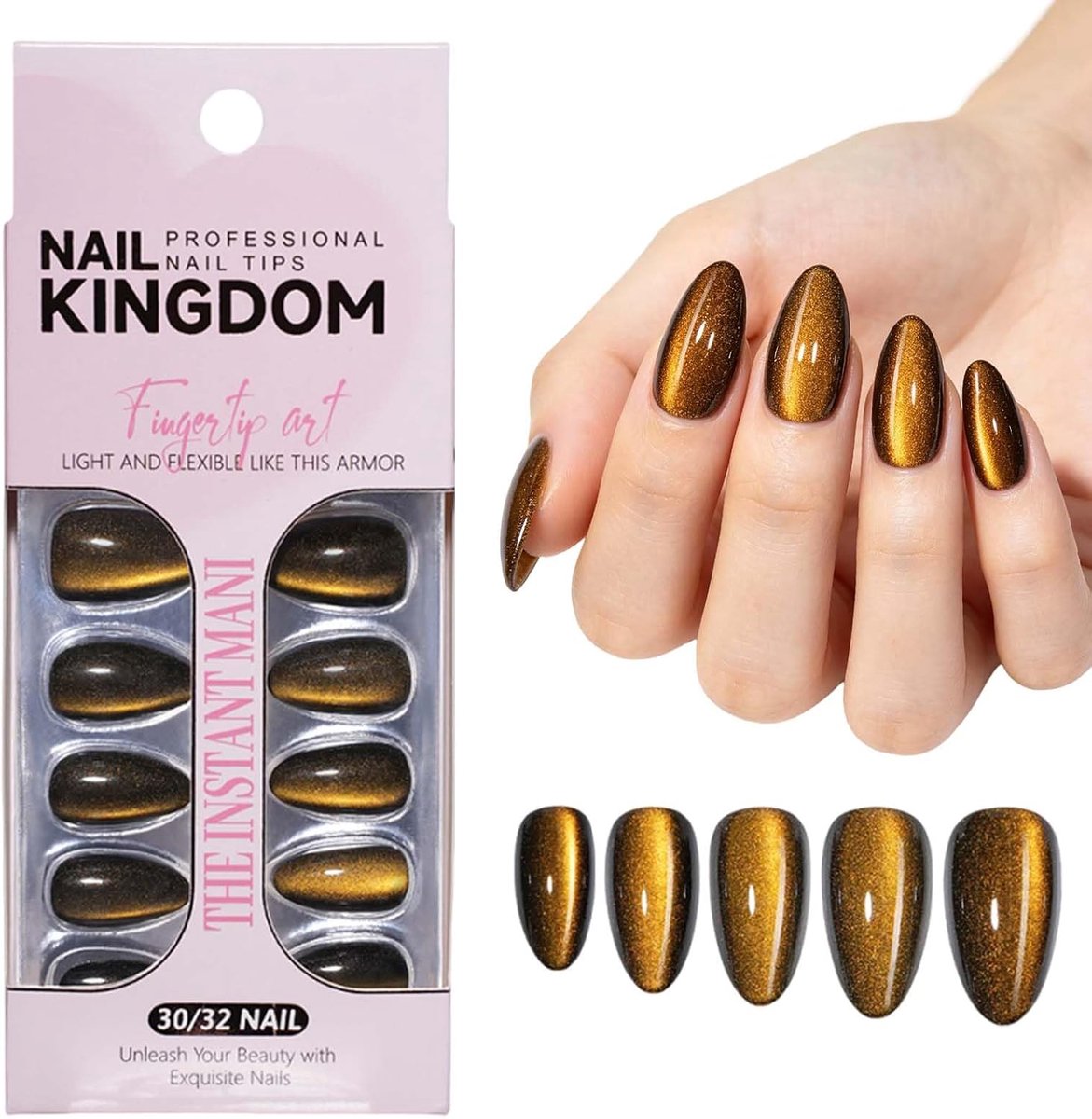 Kunstnagels 32 stuks - goudkleurig kattenoog - professionele manicure - eenvoudig aan te brengen - SnelShoppen