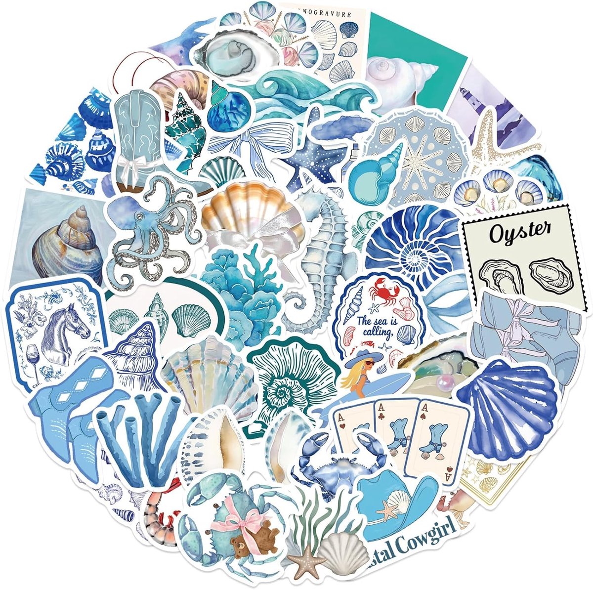 Sticker set 50 stuks - blauwe zeethema - waterproof PVC - voor waterflessen en elektronica - ShopVlot