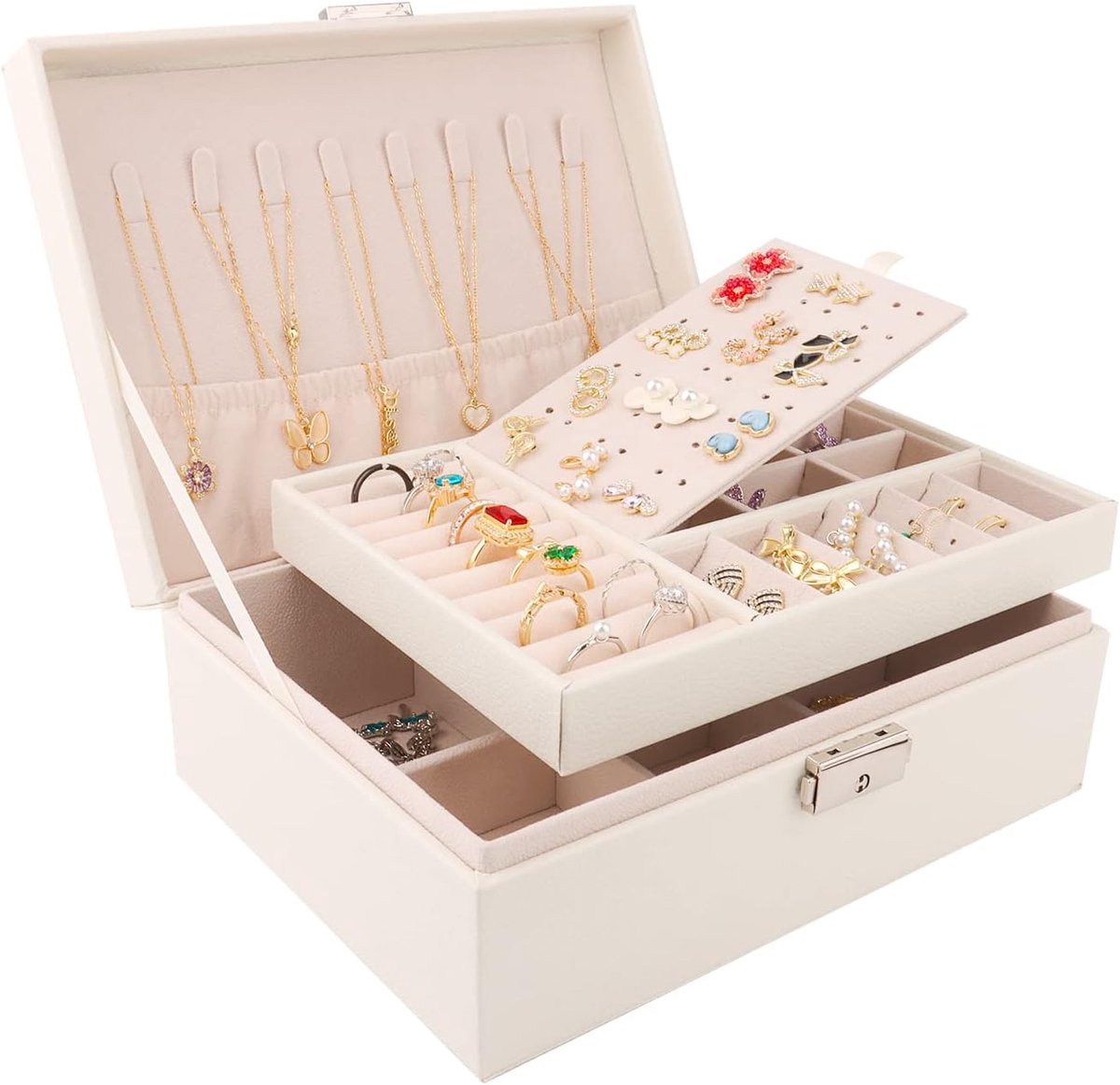 Sieradenbox 2-laags - PU leer - met slot en sleutel - perfect voor het organiseren van sieraden - ShopVlot