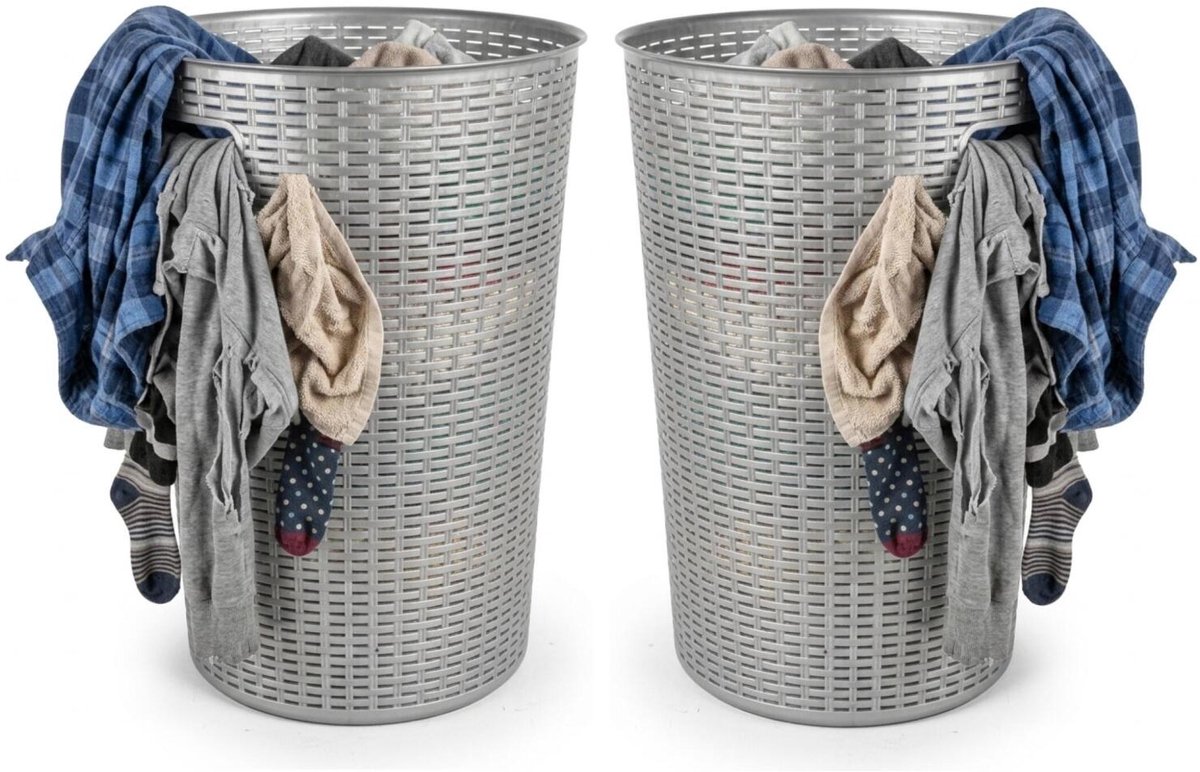 Plasticforte Ronde wasmand Rotan - 2x - zilver - gevlochten kunststof - 51 liter - 38 x 57 cm - opbergmanden