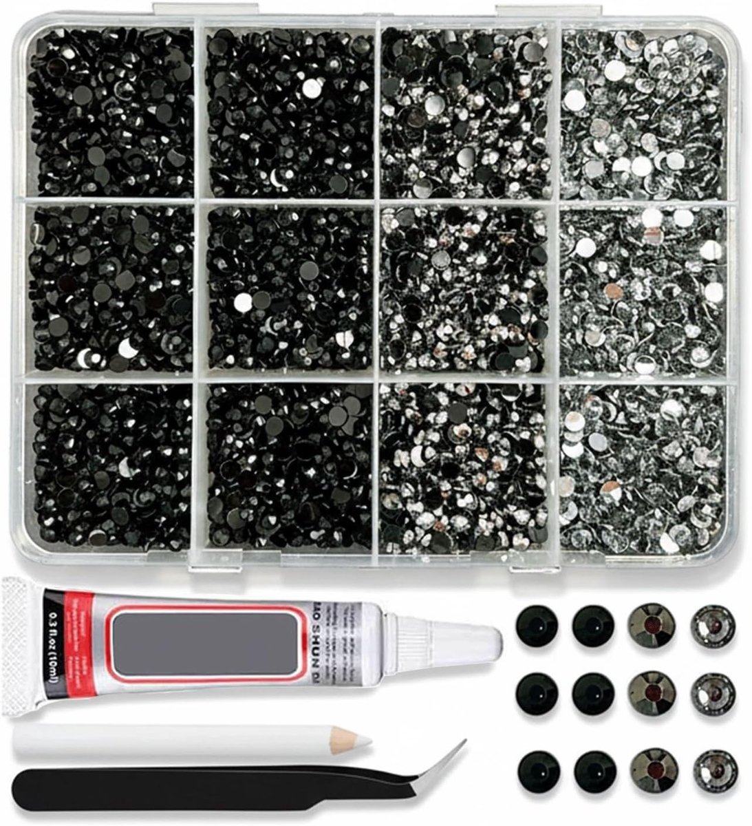 Rhinestones 3mm - zwarte glitterstenen - met lijm en pincet - voor kleding en DIY - ShopVlot