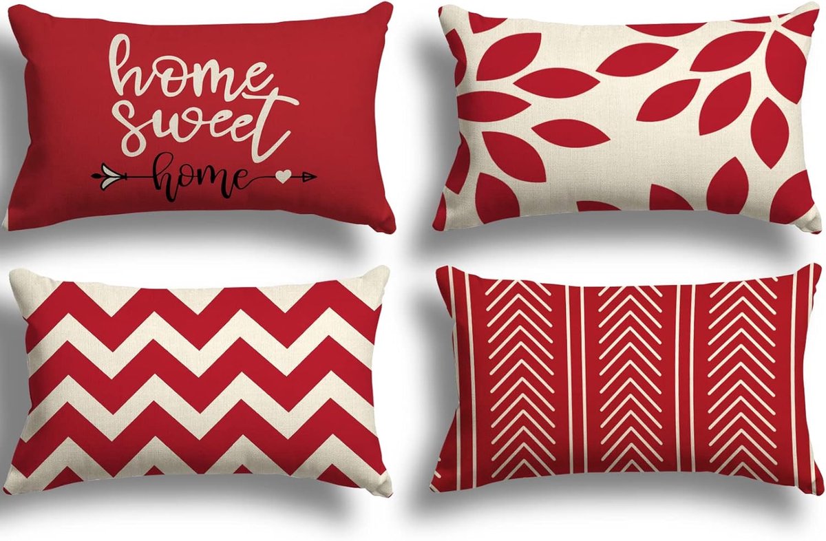 Linnen Sierkussenhoezen - 4-delige Set - Voor Slaapkamer, Bank, Stoel en Tuin - Rood - 30 x 50 cm
