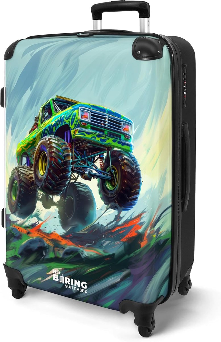 Kinderkoffer hardcase 67 cm - groene monstertruck met kwaststrepen - TSA-slot - perfect voor vakantie - ShopVlot