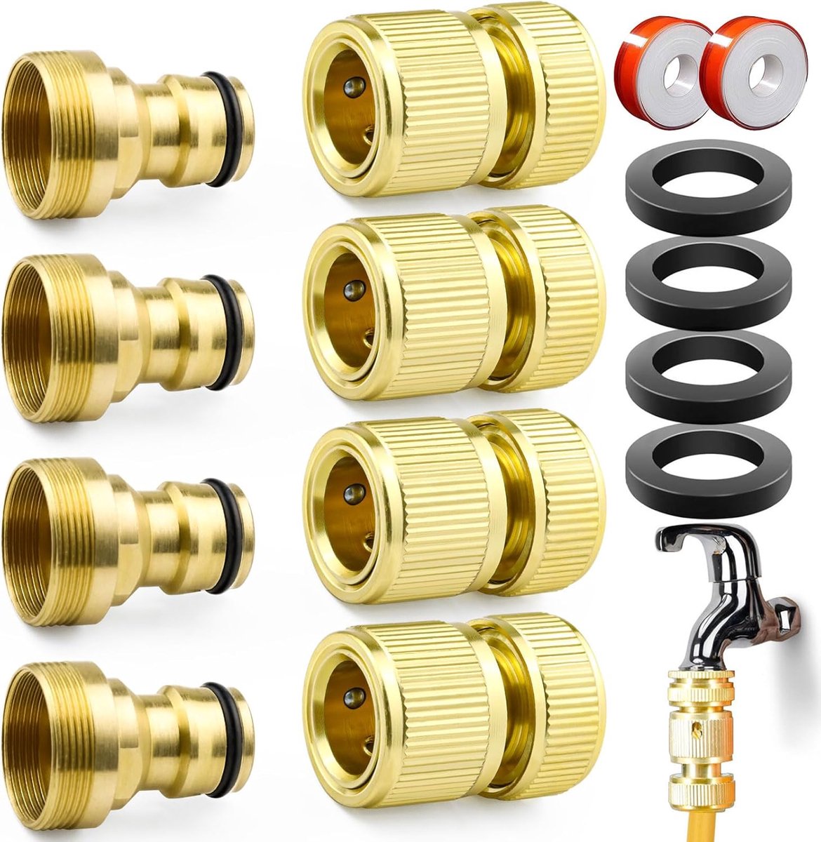 SnelShoppen - 8Pcs 2-in-1 Tuinslang Koppeling 1/2 inch & 3/4 inch, Messing Tuinslang Connector voor Keuken Kraan en Tuinslangen, Inclusief Teflon Tape