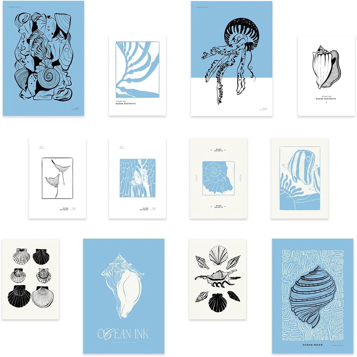 Posterset Ocean 1 ModernMix - 12 Stuks (4 A3, 8 A4) - Prachtige Ontwerpen, Levendige Kleuren - ShopVlot