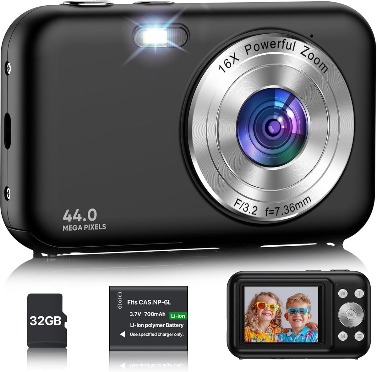 digitale camera 1080p 44 MP - compact zwart - 32 GB kaart - ideaal voor kinderen en beginners - ShopVlot
