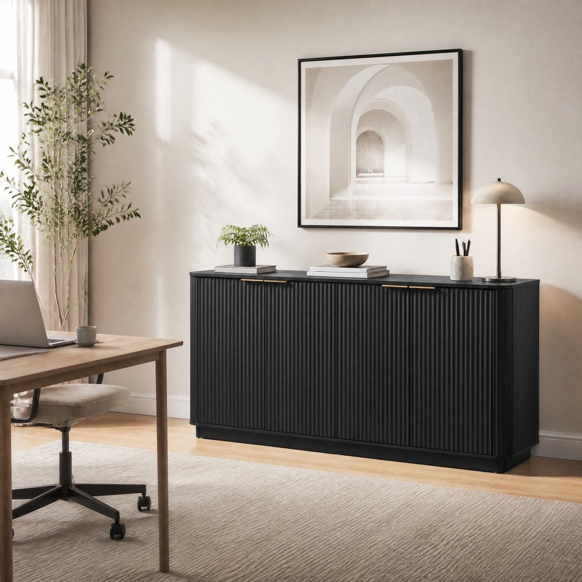 COVREO Dressoir 160x40x80 cm zwart, van MDF met 4 deuren en opbergruimte