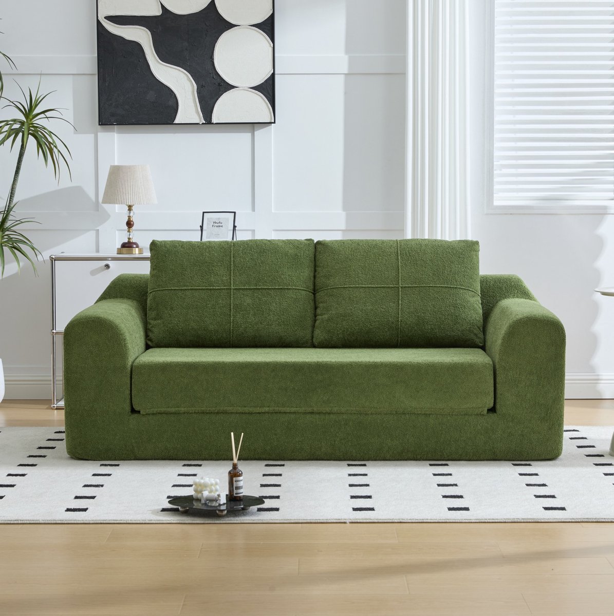 MEUNIQ 2-zits slaapbank 179 x 95 x 79 cm met armleuningen, opvouwbare vloerbank met slaapfunctie in velvet look voor woonkamer, studio of logeerruimte, groen