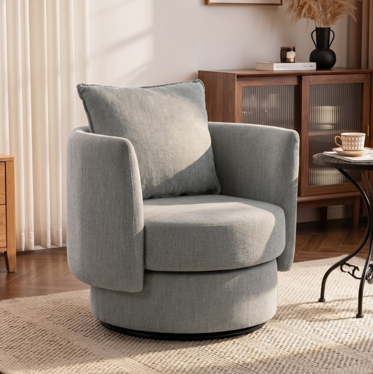 MIVRAY Fauteuil 84 x 85 cm - 360 Graden Draaibaar Met Kussen - Voor Woonkamer En Slaapkamer - Stof En Metaal - Lichtgrijs