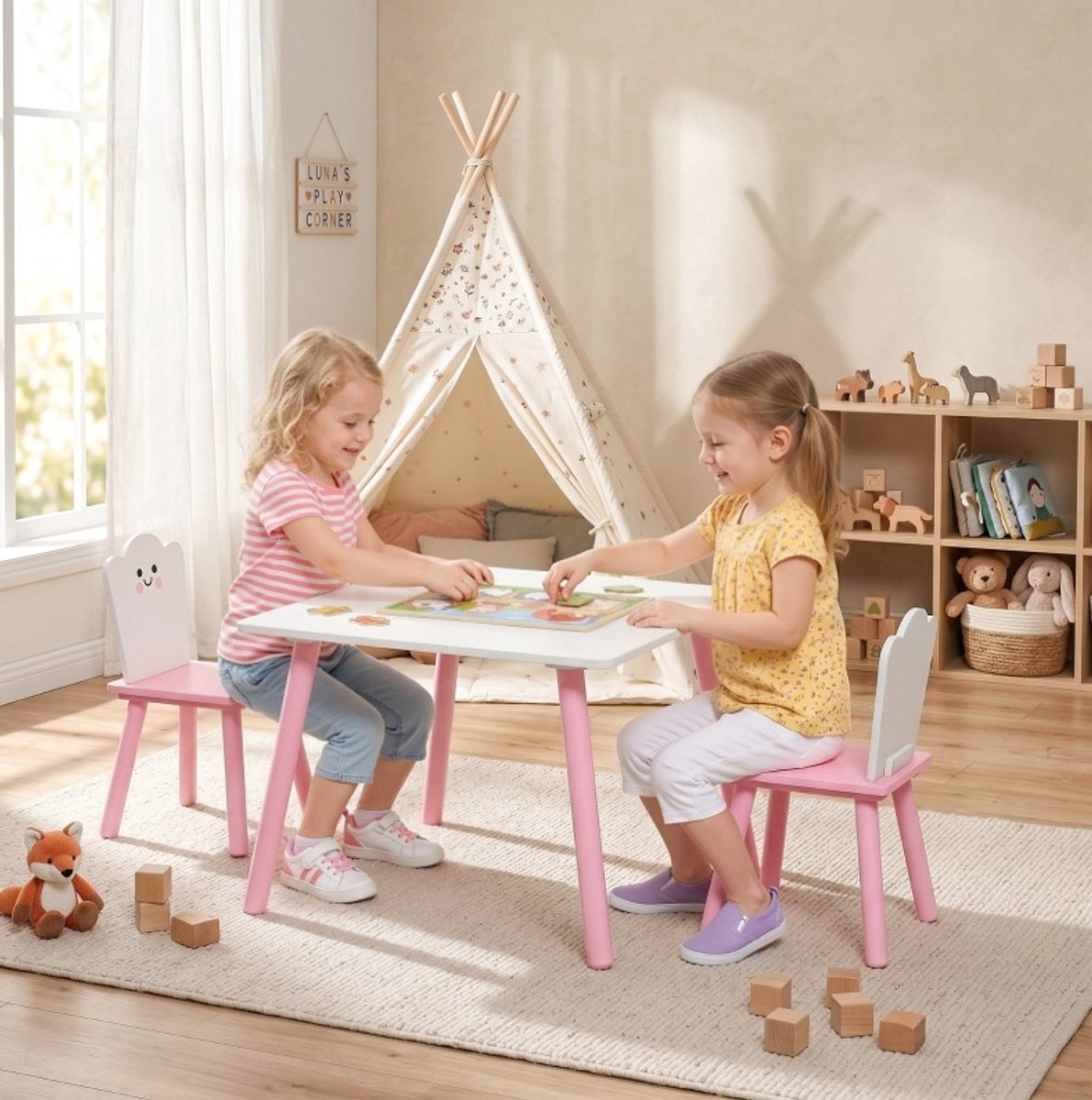 OKWISH Kindertafel Stoelenset – 3-Delig Met 1 Tafel En 2 Stoelen – Hout – Roze En Wit – Voor Leren, Tekenen En Spelen Vanaf 3 Jaar