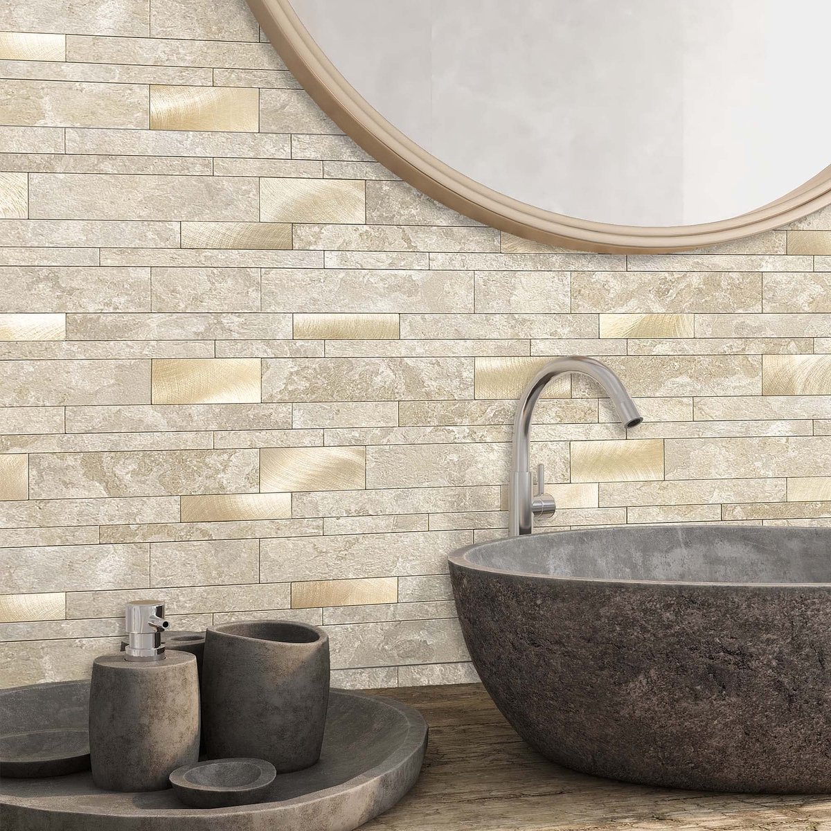 Zelfklevende backsplash tegels 5 stuks - beige steen - metrostijl - waterdicht voor keuken en badkamer - ShopVlot