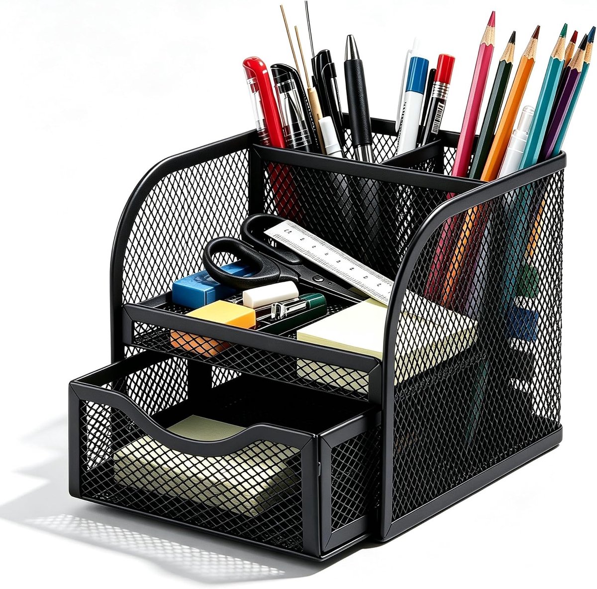 Bureau-organizer 4 vakken - metalen rooster met lade - multifunctionele pennenhouder - ideaal voor kantoor - ShopVlot