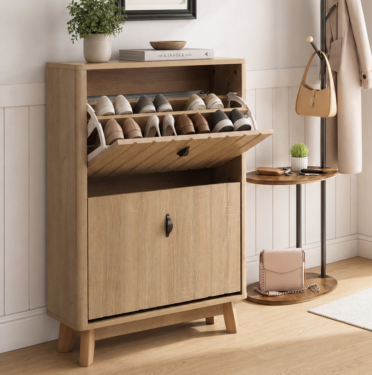 OKWISH Schoenenkast 60 Cm Staand Rek Met Klepsysteem En Dubbele Deuren Voor Hal En Entree 12 Tot 16 Paar Eiken MDF Spaanplaat