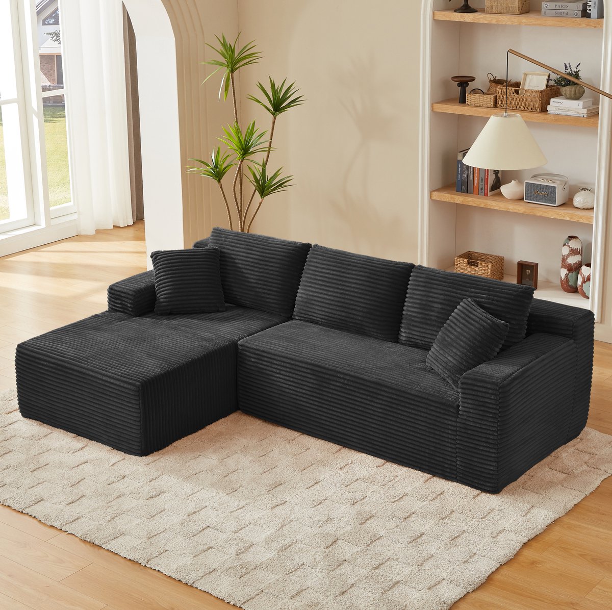REDOM - Hoekbank - Modulair ontwerp - L-vorm met chaise longue - Afneembare hoezen - Woonkamer en kantoor - Stof met schuim en veren - Zwart - 252,5 x 163 x 65 cm