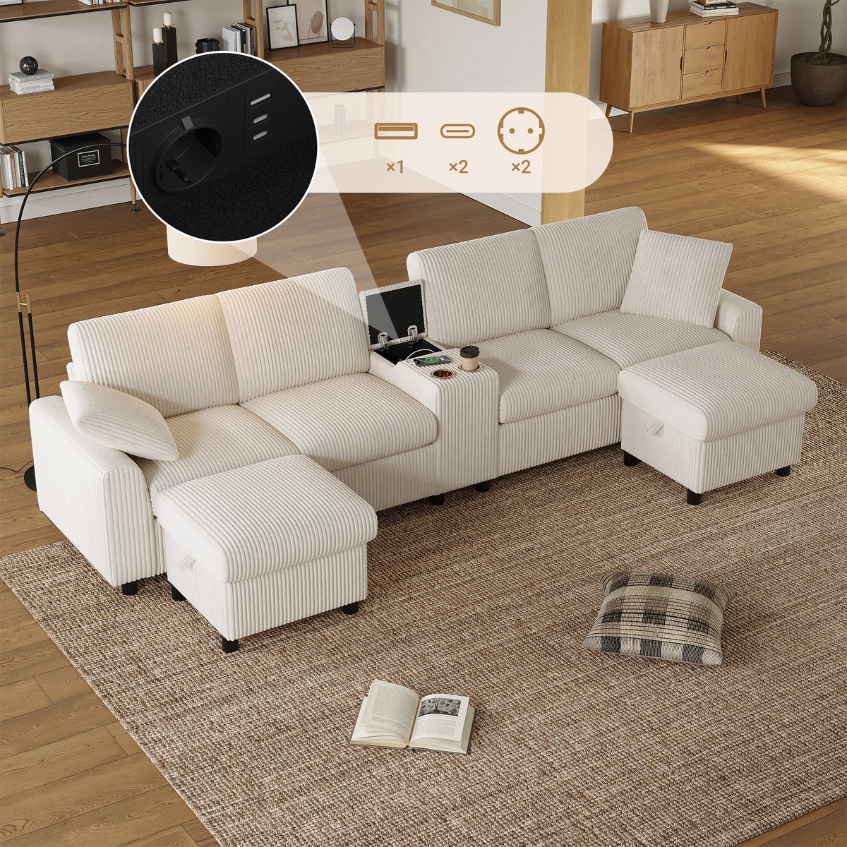 MEUNIQ U-bank 315 x 135 x 81 cm met 2 opberghockers, middenconsole, bekerhouders, USB, stopcontacten en Type-C, beige ribfluweel, woonkamer