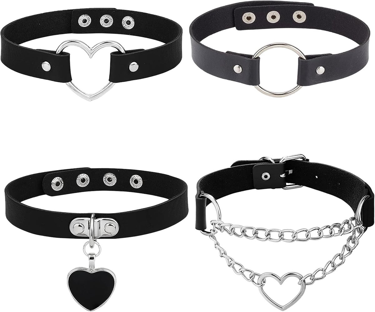 Choker kettingen 4 stuks - PU leer zwart - verstelbare halsbanden met harthanger - trendy gothic stijl - SnelShoppen
