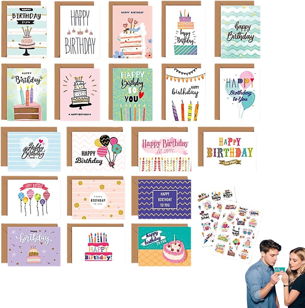 Verjaardagskaarten Set met Enveloppen - 20 Kaarten, 20 Enveloppen, 2 Stickers - Elegant Geëmbossed - SnelShoppen