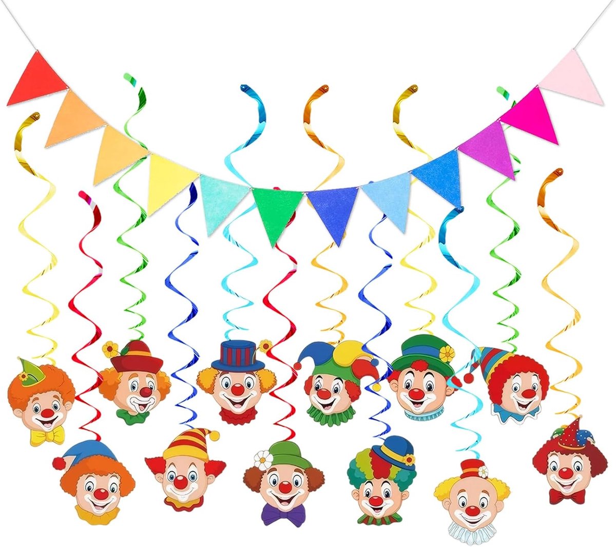 Circusdecoratie Clown Slingers - Kleurrijke Hangende Versiering - 12 Stukken + 3m Driekhoekvlaggen - Feestdecoratie - SnelShoppen