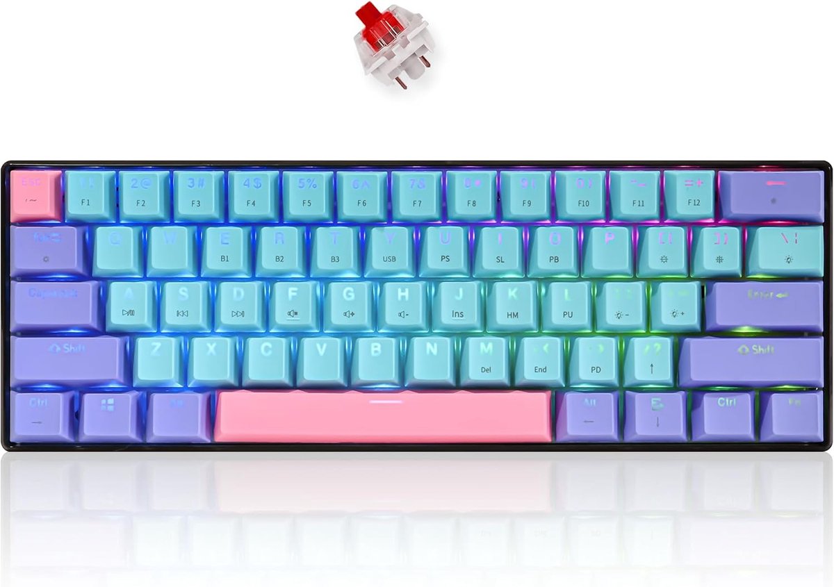 Mechanisch Gaming Toetsenbord 60% - Bedraad/Bluetooth 5.0 - RGB Verlichting - Hot-swappable met Gateron Rode Switch - SnelShoppen