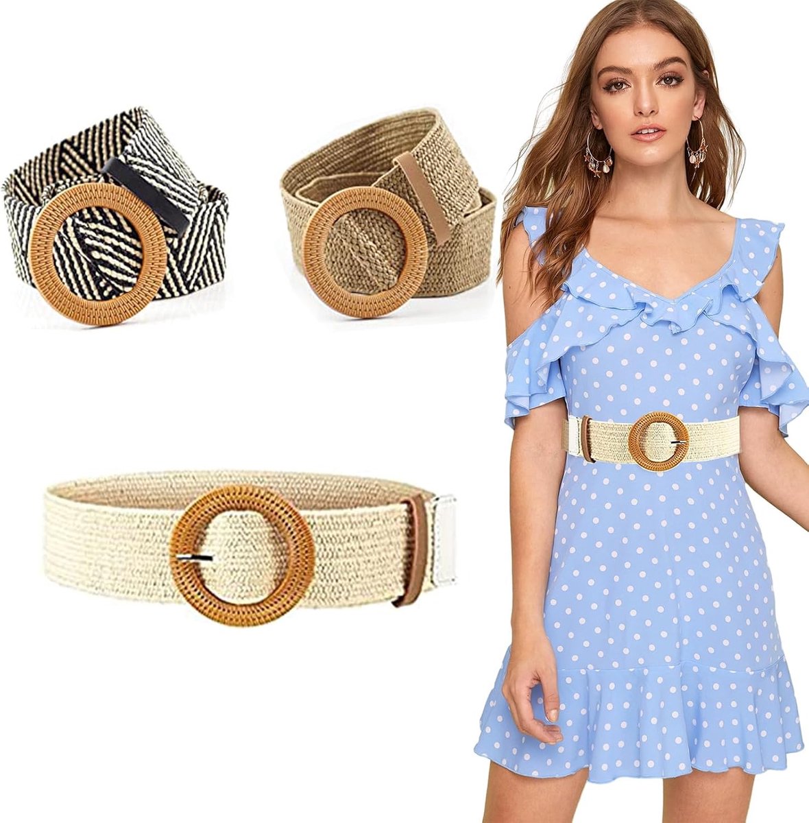 Wicker Woven Tailleband - 2-delig Gevlochten Riem - Ronde Gesp - Perfect voor Casual Outfits - SnelShoppen