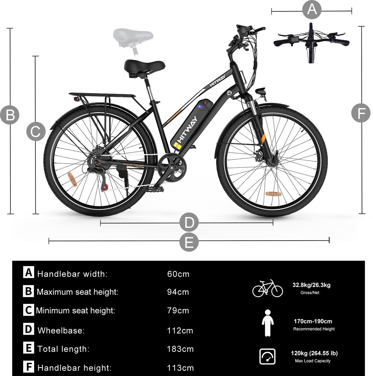 HITWAY BK27 - 28 inch elektrische fiets, 250W motor, afneembare batterij thumbnail 2