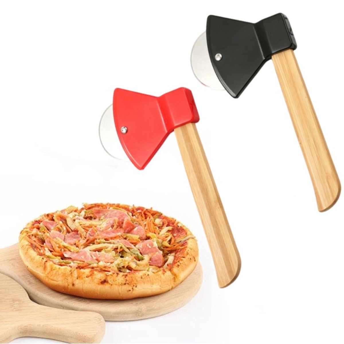 2er Set Pizza-Rollmesser in Axtform – Edelstahl Pizzaschneider mit Bambusgriff – Rollklinge für Pizza, Brot und Gebäck – Rood+Schwarz