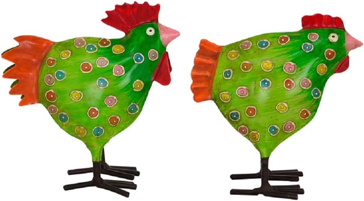 Tuindecoratie kip en haan - metalen set van 2 - handgeschilderd - vrolijke blikvanger voor tuin - SnelShoppen