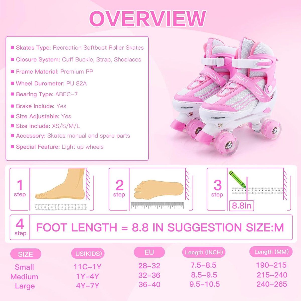 Roller Skates voor Kinderen - Verstelbaar Maat Klein - Roze - Luminous Wielen - Leuk voor Binnen en Buiten - SnelShoppen