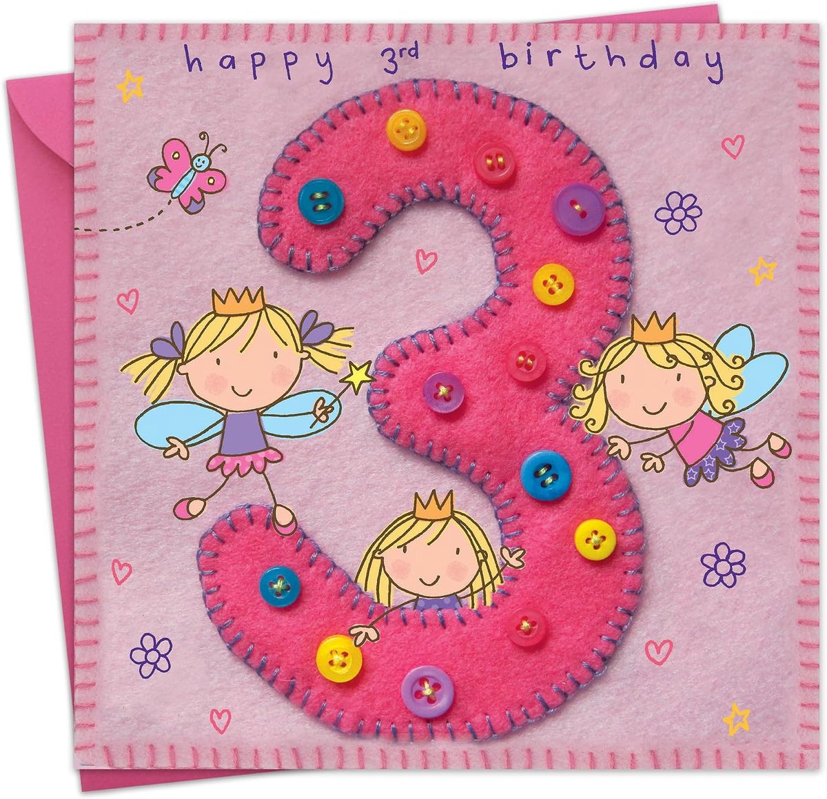Verjaardagskaart voor meisjes 3 jaar - Fee prinses en vlinder - Magische illustratie - Happy Birthday kaart - SnelShoppen