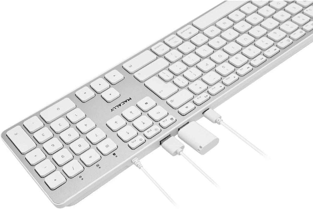 Macally UCZKEYHUBW-UK, Erweiterte USB-C Tastatur, 2 USB-A en 1 USB-C Anschlüsse, UK QWERTY Laout, Aluminium wit - ShopVlot